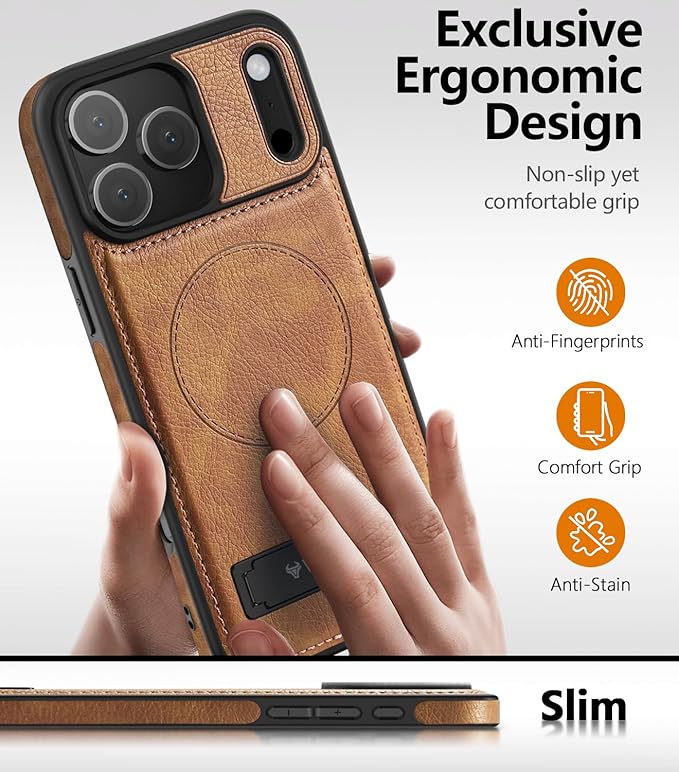 Magnetic for iPhone 17 Pro Max Leather Case,Built-in Invisible Stand [Compatible with Magsafe] Protective Slim Kickstand Phone Cover for iPhone 17 Pro Max,Brown
