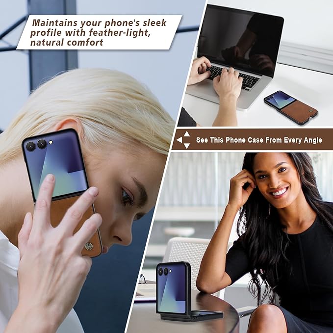 ASAPDOS Leather Folio Magnetic Case for Samsung Galaxy Z Flip 7 [Compatible with MagSafe],Built-in Screen Protector and PU Leather Thin Slim Protective Case Cover Brown