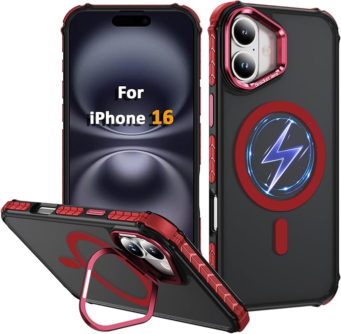 Magnetic for iPhone 16 Case Red with MagSafe Wireless Charging Heavy Duty Military-Grade Shockproof Protection Adjustable Kickstand Slim Matte Anti-Fingerprint Cover Men Women