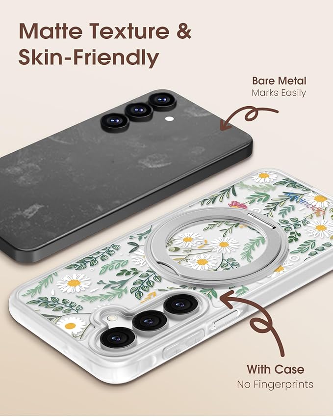 for Samsung Galaxy A16 4G/5G Case with 360° Rotatable Magnetic Ring - Semi-Transparent Anti-Fingerprint Soft-Touch Material Shockproof, Cute Daisy Flower Design for Women Girl