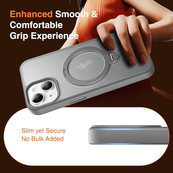 360° O-Ring MagStander for iPhone 15 Case with Magnetic Kickstand Ring Holder [Compatible with MagSafe][360°Rotate Stand Ring][Military Shockproof] Magnet iPhone 15 Phone Cover Matte Grey