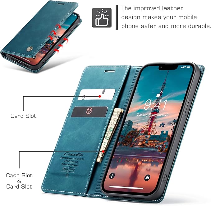 for iPhone 14 Plus Case, Flip Wallet Leather Case with Card Holder Magnetic Closure Shockproof Kickstand Protective Phone Cases Cover for iPhone 14 Plus, Blue-Green