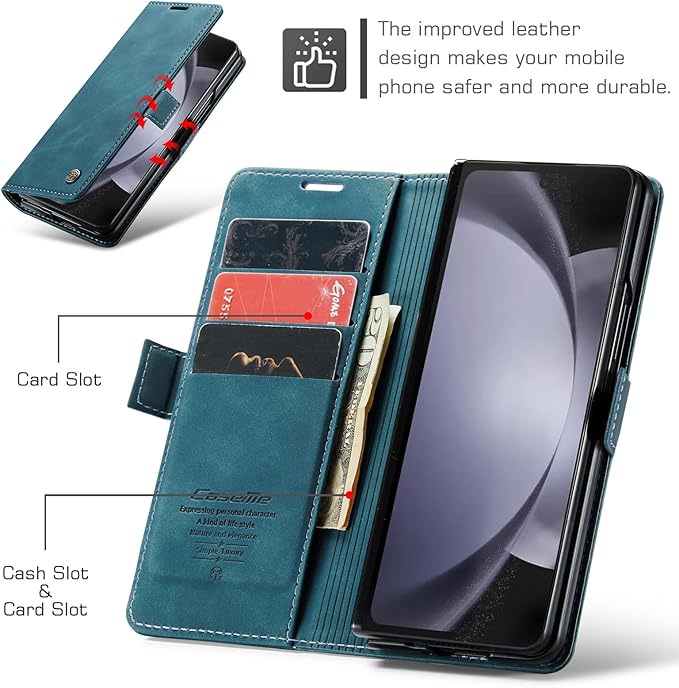 for Samsung Galaxy Z Fold5 Case, Flip Wallet Leather Case with Card Holder Magnetic Closure Shockproof Kickstand Protective Phone Cases Cover for Samsung Galaxy Z Fold5,Blue-Green