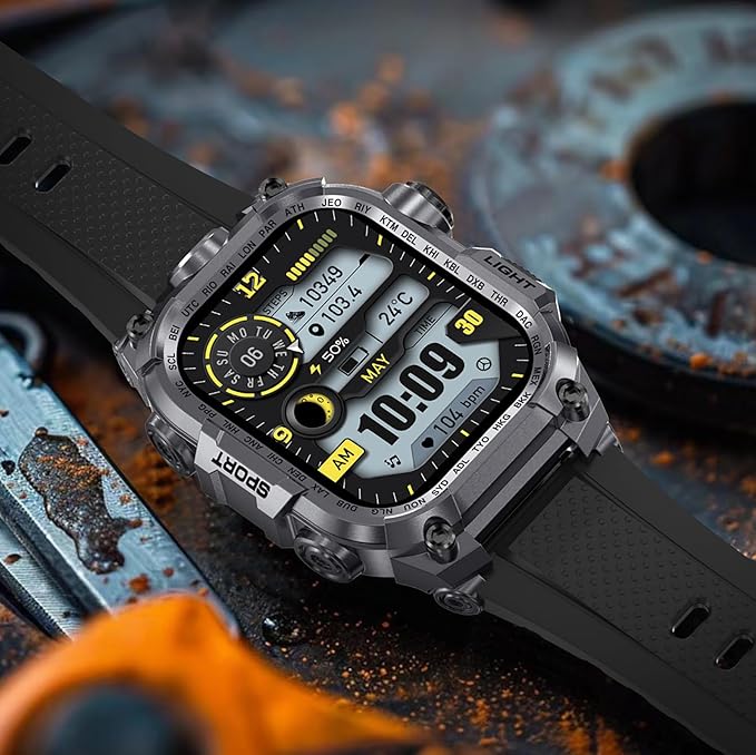 Tough Smart Watch for Working Men with Flashlight, 2.01" HD Ultra Large Rugged Smartwatch Bluetooth Call/Heart Rate/Sleep Monitor Hiking Camping Fitness Track Watches