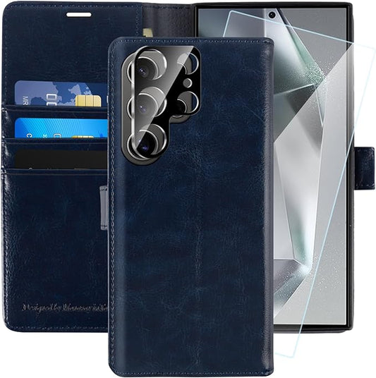 MONASAY Wallet Case Fit for Samsung Galaxy S24 Ultra 5G，[Lens & Glass Screen Protector] [RFID Blocking] Flip Folio Leather Cell Phone Cover with Credit Card Holder, 6.8 inch, Blue