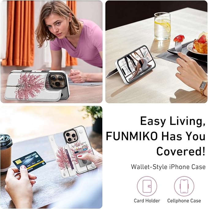 FUNMIKO for iPhone 16 Pro Max Wallet Case with Card Holder, RFID-Blocking, Military-Grade Protection & UV-Printed Artwork, Magnetic Closure with Leather Kickstand - Blooming Cherry Tree