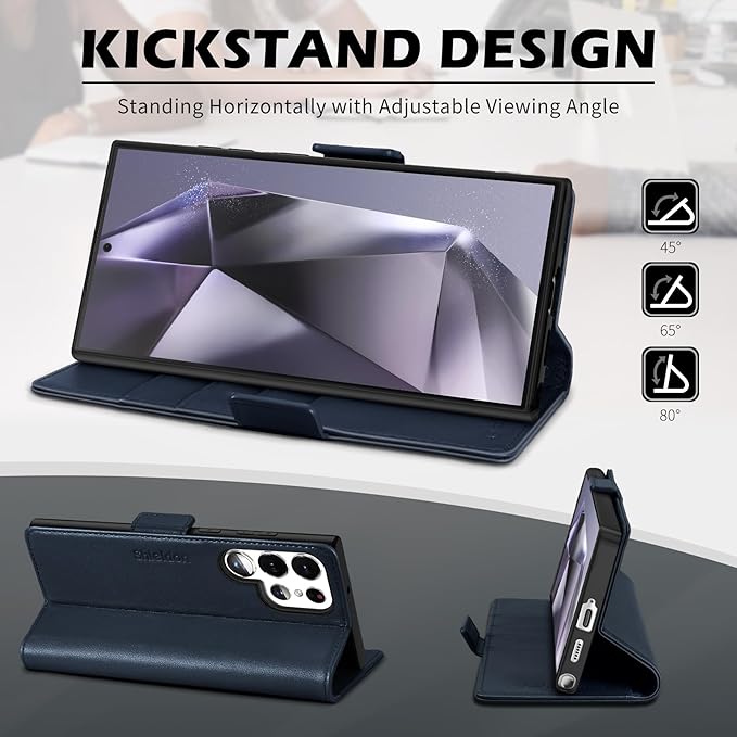 SHIELDON Case for Galaxy S25 Ultra 6.9", Genuine Leather Flip Wallet Case Kickstand RFID Blocking Credit Card Holder Magnetic Shockproof Cover Compatible with Galaxy S25 Ultra 2025 - Nappa Navy Blue
