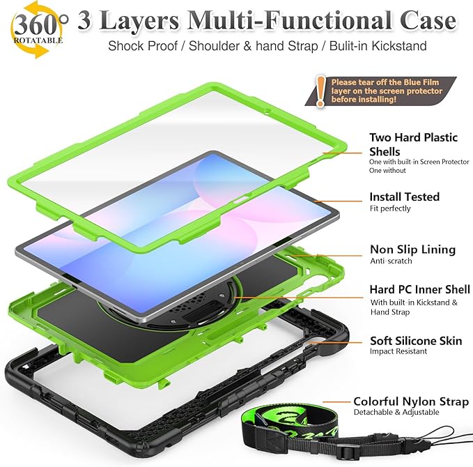 SEYMAC stock Case for Samsung Galaxy Tab S10 FE+ Plus 5G Tablet Case 13.1'' Protective with Screen Protector, Pencil Holder, 360 Rotating Stand, Hand Strap, Shoulder Strap, Green1