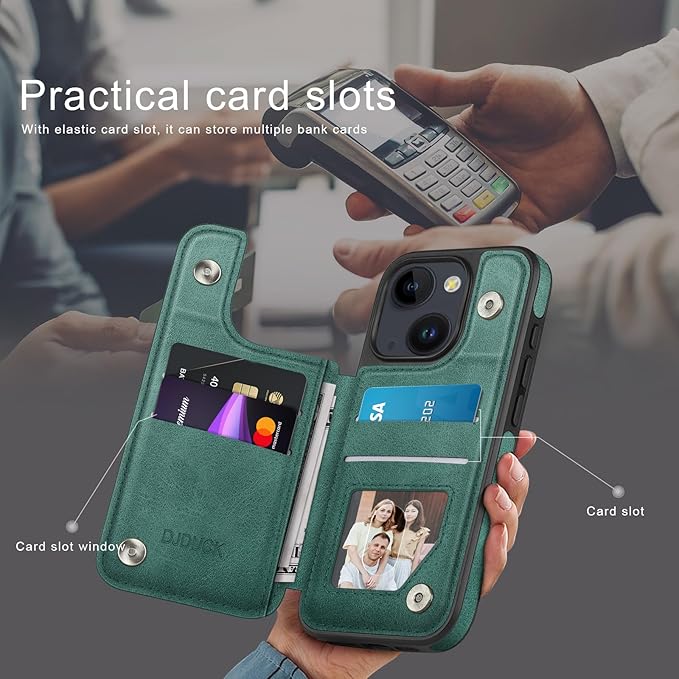 DJDUCK Designed for iPhone 14 Case Wallet with Card Holder, [Magnetic Clasp Cover] [RFID Blocking Leather Protection] Shockproof Women Men Cases 6.1 Inch for Apple 14 Sea Green
