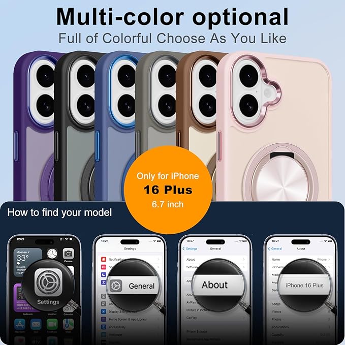 ZIYE Baby Pink Case for iPhone 16 Plus Case with Stand [Compatible with MagSafe] Slim Heavy Duty Protection Military Grade Shockproof Magnetic Cover with 360 Rotatable Ring Kickstand for Women Men