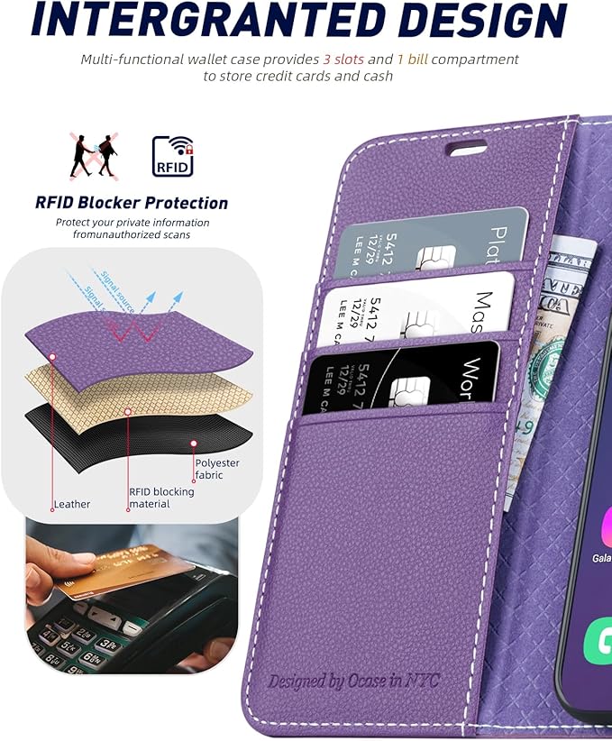 OCASE Compatible with Galaxy S24 5G Wallet Case, PU Leather Flip Folio Case with Card Holders RFID Blocking Kickstand [Shockproof TPU Inner Shell] Phone Cover (2024), Litchi Purple