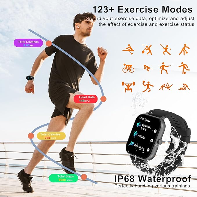 Smart Watch for Men Women Compatible with iOS Android Phone, 1.83" Full Touchscreen IP68 Waterproof Smartwatch,Fitness Tracker with Make/Recive Call 123+ Sport Modes Heart Rate/Sleep Monitor