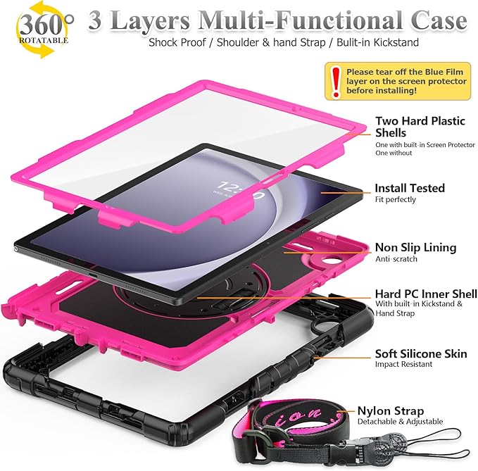 SEYMAC stock Case for Samsung Galaxy Tab A9 8.7'', Full-Body Drop Protection Case with Screen Protector Pencil Holder [360° Rotating Hand Strap] &Stand, Pink+Black