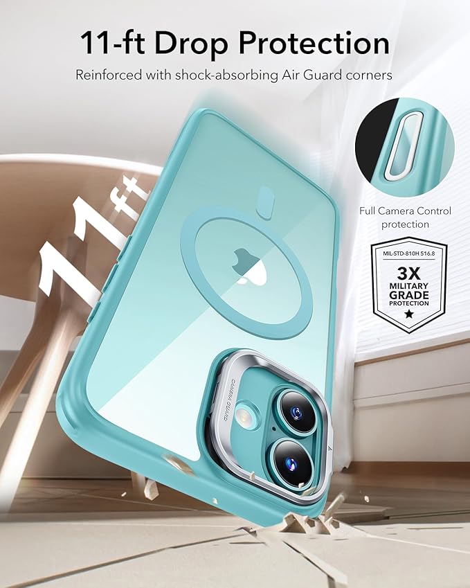 ESR for iPhone 16 Case, Camera Control Button Compatible with MagSafe, Military-Grade Protective Case, Built-in Stash Stand Phone Case, Scratch-Resistant Back Cover, Classic Series, Clear Green