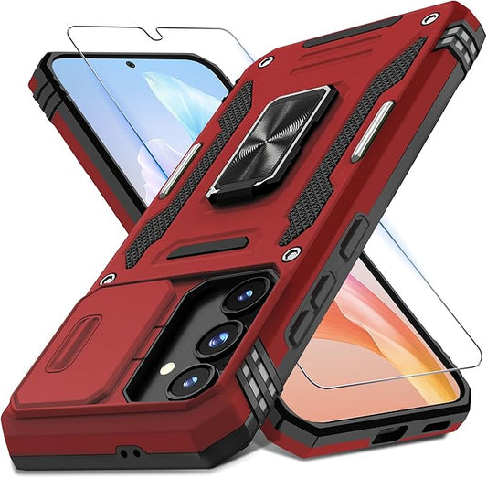DEERLAMN Case for Samsung Galaxy S24 FE 6.7-Inch with Slide Camera Cover+Screen Protector(1 Pack), Rotated Ring Kickstand Military Grade Shockproof Protective Cover-Red