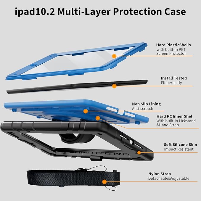 Case for iPad 9th/8th/7th Generation-Built-in Screen Protector,with Pencil Holder&360°Rotating Hand Strap,Shoulder Strap,Case for iPad 10.2 inch 2021-2019(Black/Sky Blue)