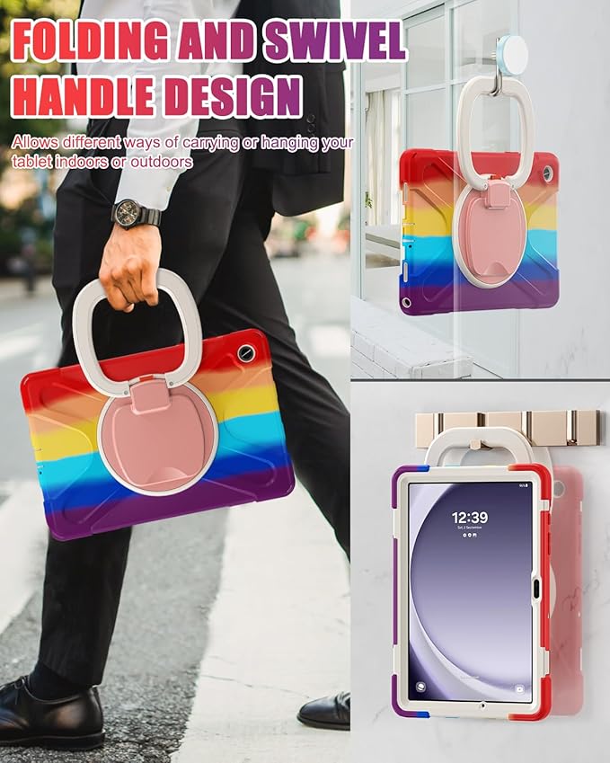 BRAECN Case for Samsung Galaxy Tab A9+ Plus 11” 2023 SM-X210/X216/X218-Heavy Duty Rugged Silicone Cover with Screen Protector, 360 Degree Rotating Stand, Stable Kickstand, Shoulder Strap, Colorful Red