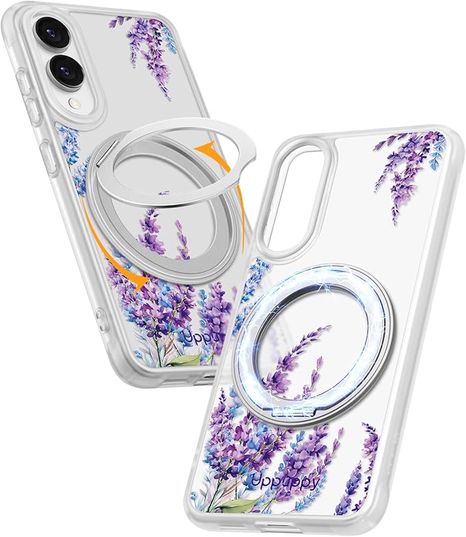 for Samsung Galaxy S25 Edge Case with 360° Rotatable Magnetic Ring - Compatible with MagSafe, Semi-Transparent Soft-Touch Material Shockproof, Cute Purple Floral Design for Women Girl