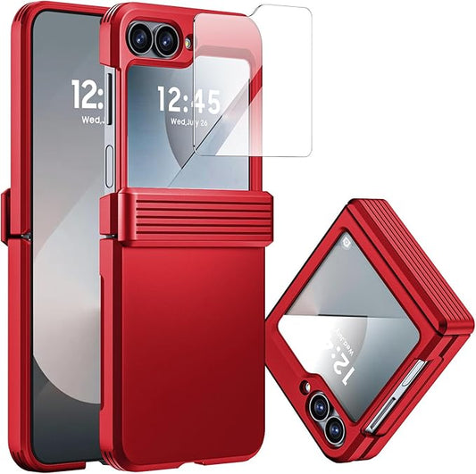 CENMASO for Galaxy Z Flip 6 Case/Z Flip 7 FE Case with Hinge Protection & Built-in Screen Protector, Ultra-Thin Full-Body Shockproof Protection Phone Case for Z Flip 6/Flip 7 FE-Red