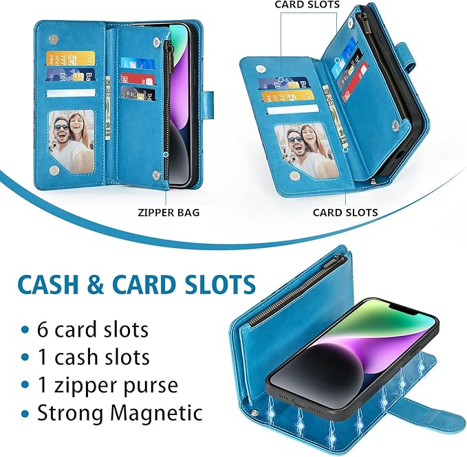 Asuwish Phone Case for iPhone 14 6.1 inch Zipper Wallet Detachable Cell Cover with Tempered Glass Screen Protector Crossbody Strap Flower Card Holder iPhone14 5G i i-Phone i14 14Case Women Girls Blue