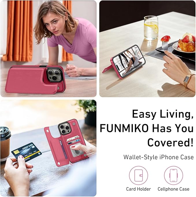 FUNMIKO for iPhone 13 Pro Wallet Case with Card Holder, RFID-Blocking, Military-Grade Protection & UV-Printed Artwork, Magnetic Closure with Leather Kickstand - Hot Pink