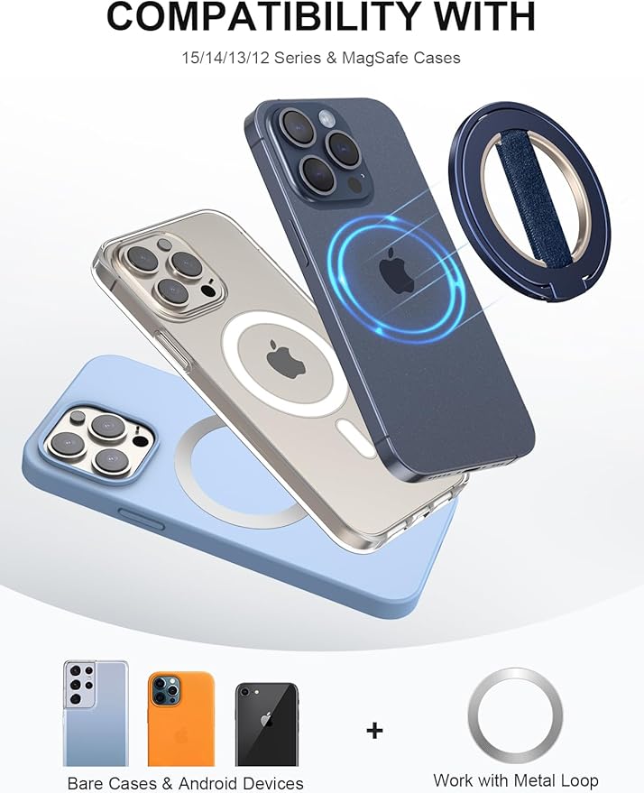EWA MagOne Ultra for Magsafe Phone Grip Kickstand [Replaceable Elastic Finger Loop], Mag Safe Ring Holder Stand, Two-Sided Magnetic Phone Accessories for iPhone 17,16,15,14,13,12 Pro/Max/Plus-Blue
