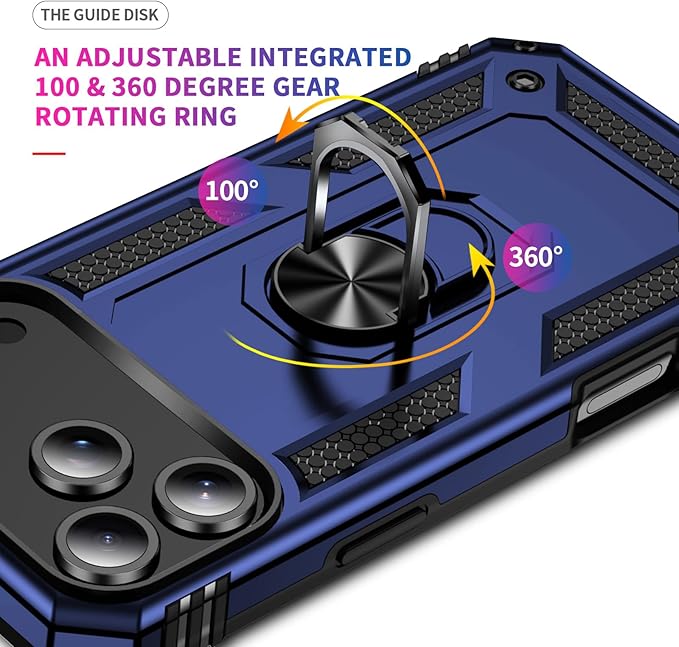 ADDIT Compatible with iPhone 17 Pro Max Case with Tempered Glass Screen Protector, Adjustable Kickstand Ring, Military-Grade Heavy Duty Protection, Shockproof, Anti-Fingerprint,Blue