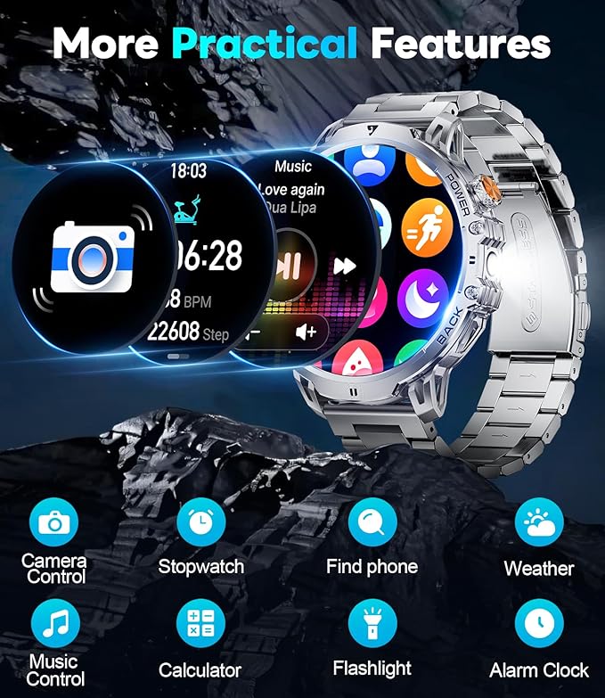 LIGE Military Smart Watches for Men(2 Bands),1000mAh/1.85" HD Large Screen Smartwatch, Flashlight/110+ Sports Modes/IP68 Waterproof/Sleep Monitor, Fitness Tracker Watch for Android iOS,Silver