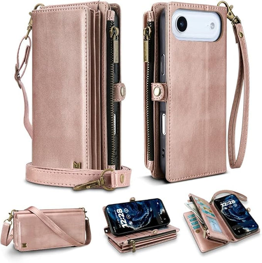 for iPhone Air Wallet Phone Case with 8 Card Holder,RFID Blocking | PU Leather | Kickstand | Flip | Wrist Strap&Shoulder Strap | Shockproof | Zipper Wallet | Women Men | 6.5" | Rose Gold