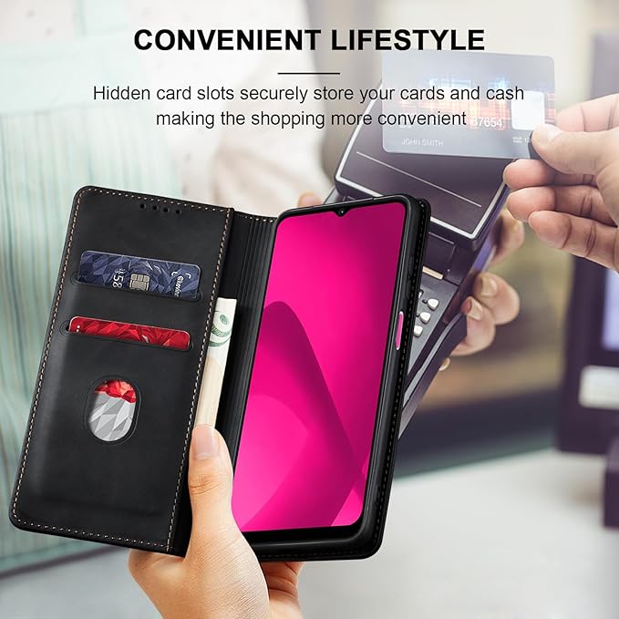 Jasonyu Flip Wallet Case for T-Mobile Revvl 7,Leather Magnetic Folio Cover with Card Holder,Kickstand - TPU Shockproof Durable Protective Phone Case,Black