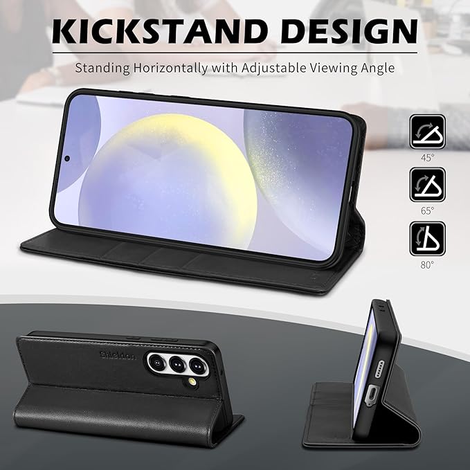 SHIELDON Case for Galaxy S25+ Plus 6.7", Genuine Leather Folio Wallet Case with Kickstand RFID Blocking Card Holder Magnetic Full Protection Phone Cover Compatible with Galaxy S25+ 2025 - Nappa Black