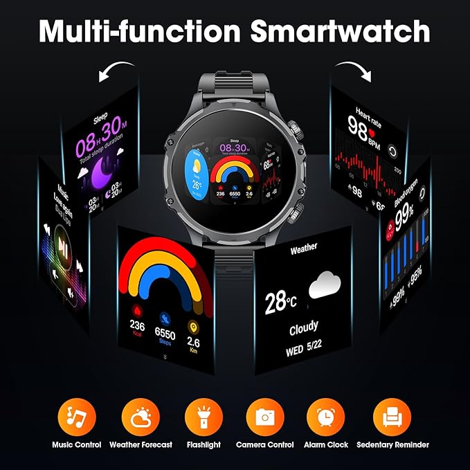 Military Smart Watch for Men (Answer/Make Call), 1,85" HD Touch Screen 700mAh Large Battery Fitness Watch with Flashlight/Heart Rate/Sleep Monitor Fitness Tracker for iPhone & Android Black