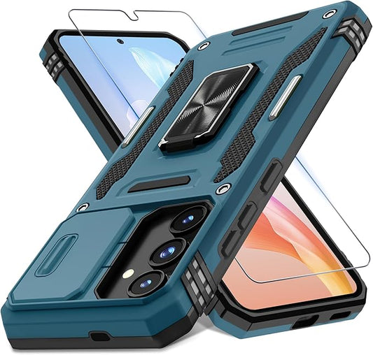DEERLAMN Case for Samsung Galaxy S25 6.2-Inch with Slide Camera Cover+Screen Protector (1 Pack), Rotated Ring Kickstand Military Grade Shockproof Protective Cover-Light Blue