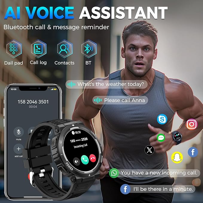 Military Smart Watch for Men(Answer/Make Call), Rugged Smartwatch with LED Flashlight/3ATM Waterproof/400mAh Battery/100+ Sports Modes/Heart Rate/Sleep Monitor, Fitness Tracker for iOS Android