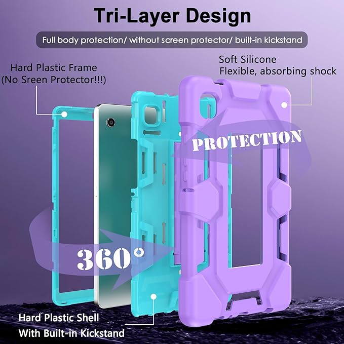 CCMAO Case for Samsung Galaxy Tab A9 Case 8.7 Inch 2023 Model, Heavy Duty Shockproof Hybrid Three Layer Protective Cover with Kickstand for Samsung A9 Tablet 8.7" (SM-X110/X115/X117), Purple+Green