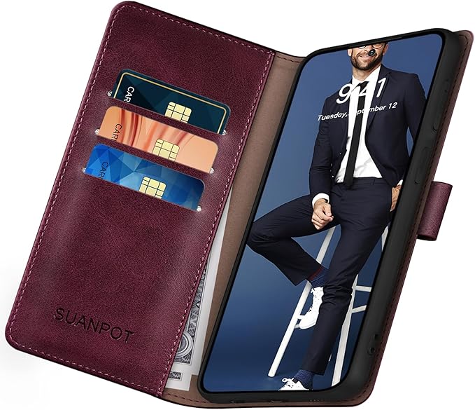 SUANPOT Compatible with Samsung Galaxy S25 Wallet case with RFID Blocking Credit Card Holder,Flip Book PU Leather Protective Cover Women Men for Samsung S25 Phone case Wine Red