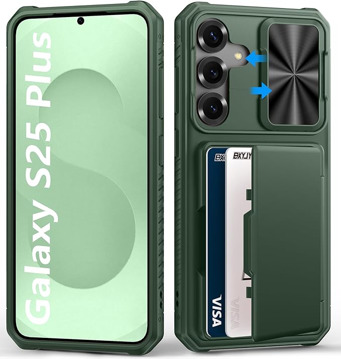 Multifuncional Case for Samsung Galaxy S25+ Plus, Card Holder (4-5 Cards), RFID Block, Slide Lens Cover & Military Drop Protection, Heavy Duty Men Women Wallet Case for Samsung S25+ Plus, Green