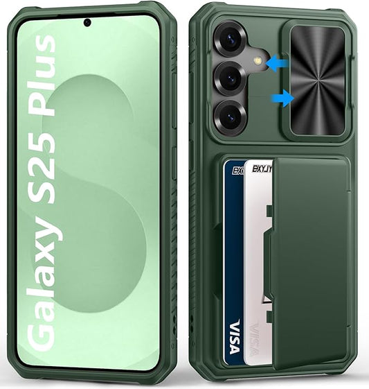 Multifuncional Case for Samsung Galaxy S25+ Plus, Card Holder (4-5 Cards), RFID Block, Slide Lens Cover & Military Drop Protection, Heavy Duty Men Women Wallet Case for Samsung S25+ Plus, Green