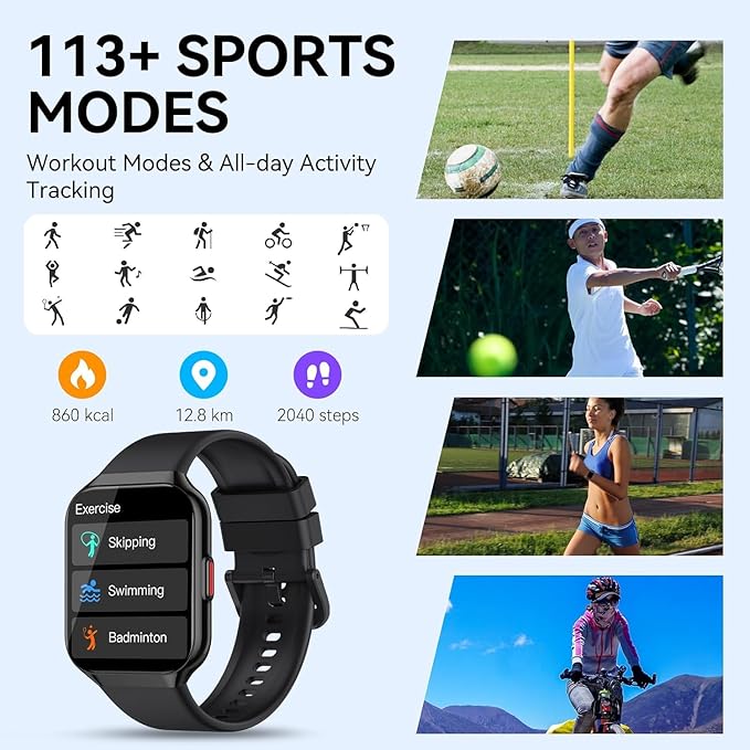 Smart Watch, 1.96" HD Smartwatches for Men Women, (Answer/Make Calls), IP68 Waterproof Fitness Watch, Heart Rate/Sleep, Fitness Tracker with 113+ Sport Modes, for iOS/Android,2025 Black