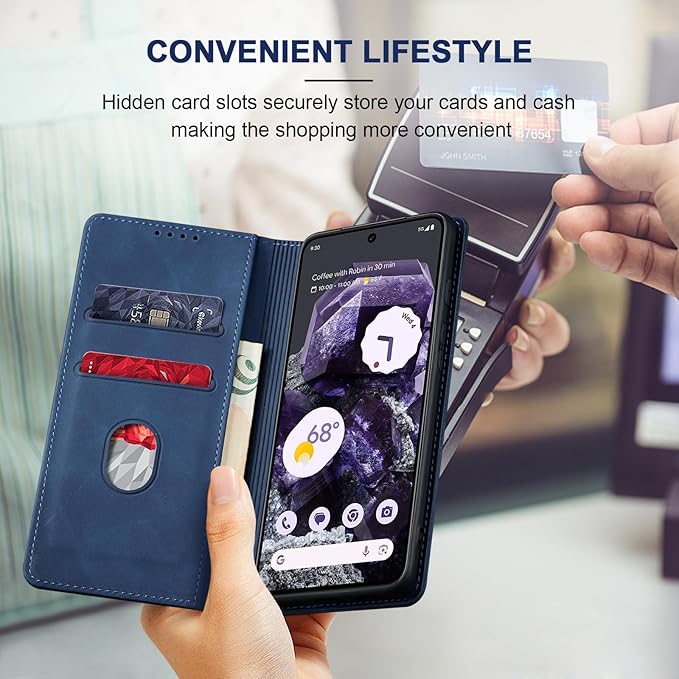 Jasonyu Flip Wallet Case for Google Pixel 8,Leather Magnetic Folio Cover with Card Holder,Kickstand - TPU Shockproof Durable Protective Phone Case,Blue