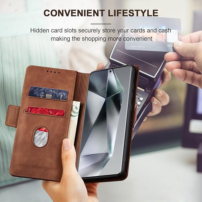 Jasonyu Flip Wallet Case for Samsung S24 Ultra 5G,Leather Magnetic Folio Cover with Card Holder,Kickstand - TPU Shockproof Durable Protective Phone Case,Brown