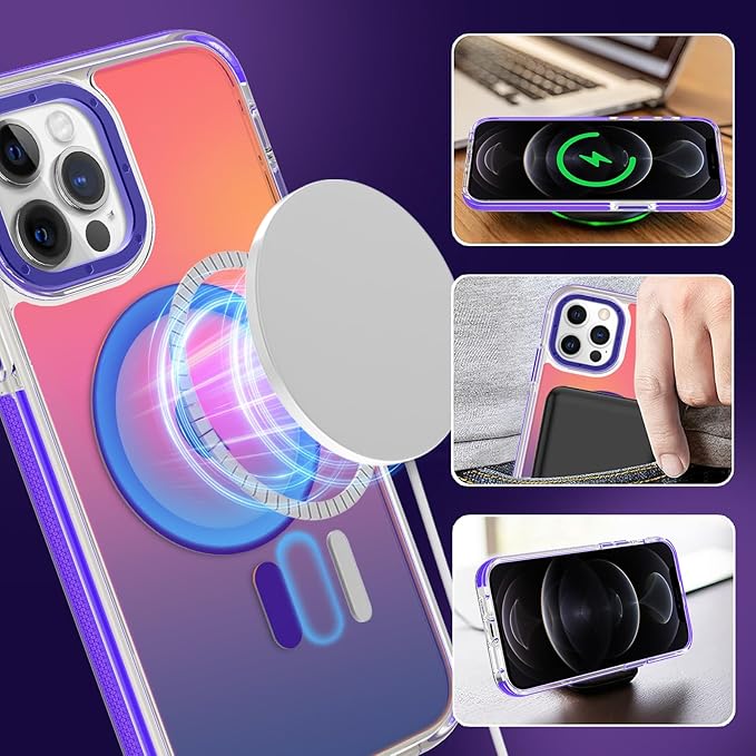 MOWIME Magnetic Case for iPhone 12 Pro Max [Compatible with Magsafe] [Cute Fashion Fluorescent Design] [1 Screen Protector] Slim Translucent Matte Case for iPhone 12 Pro Max 6.7" 2020, Purple