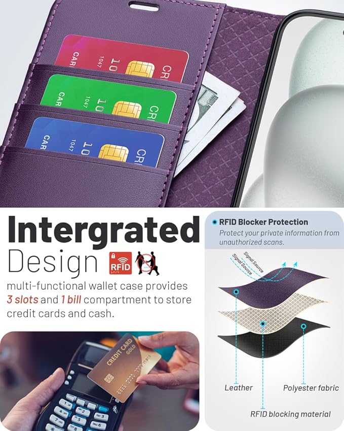 OCASE Compatible with iPhone 16 Wallet Case, PU Leather Flip Folio Case with Card Holders RFID Blocking Kickstand [Shockproof TPU Inner Shell] Phone Cover 6.1 Inch 2024, Dark Purple