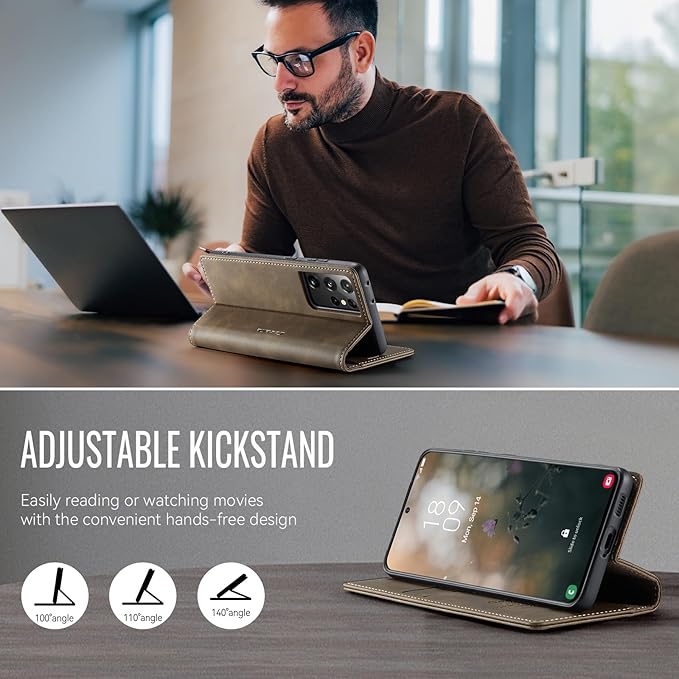 Wallet Case for Samsung Galaxy S21 Ultra Leather Wallet Flip Cover with Card Holder, Kickstand, Magnetic Closure, RFID Blocking TPU Shockproof Phone Case Compatible with S21 Ultra, Coffee