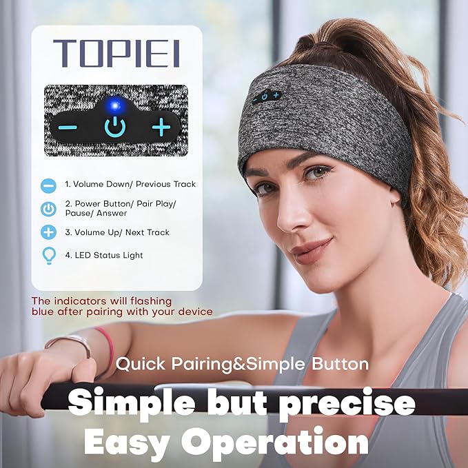 Headband Headphones Bluetooth Headband for Side Sleeper, 14 Hour Playtime, Wireless Headband with HD Stereo Speakers for Workout,Running,Yoga, Ideal Gifts for Men, Women, Teens, Grey