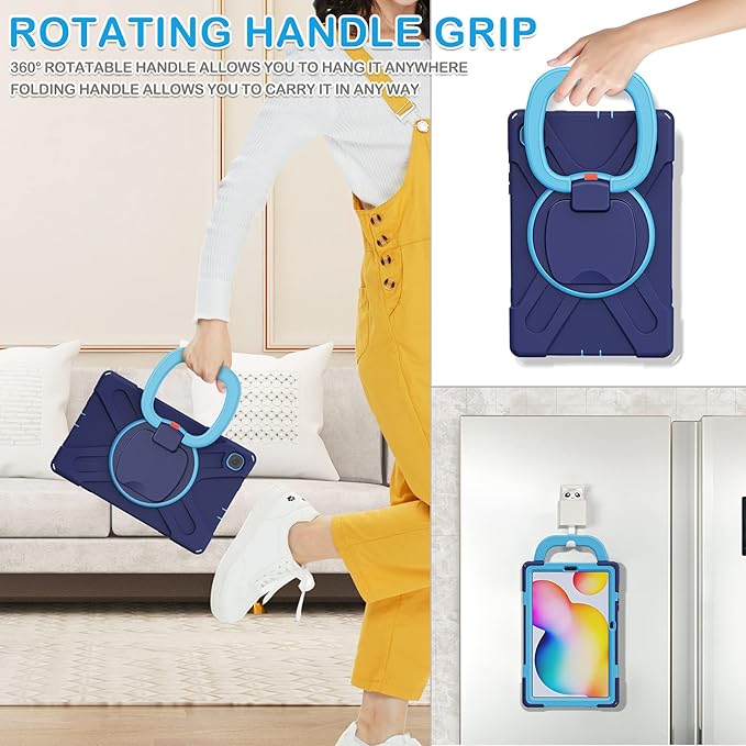 BATYUE Case for Samsung Galaxy Tab S6 Lite 10.4 Inch 2024/2022/2020 (SM-P610/P613/P615/P619/P620), Protective Case with Shoulder Strap, 360° Swivel Stand, Shockproof Drop; for Kids - Navy Blue