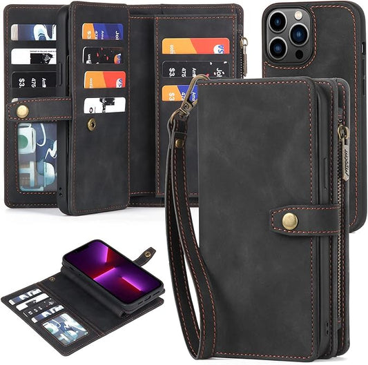TwoHead for iPhone 13 Pro Wallet Case with Card Holder,Detachable Magnetic 13 Pro Phone Case, PU Leather Shockproof Protective Cover Wallet for Women/Men,with Wrist Strap(Dream Black)