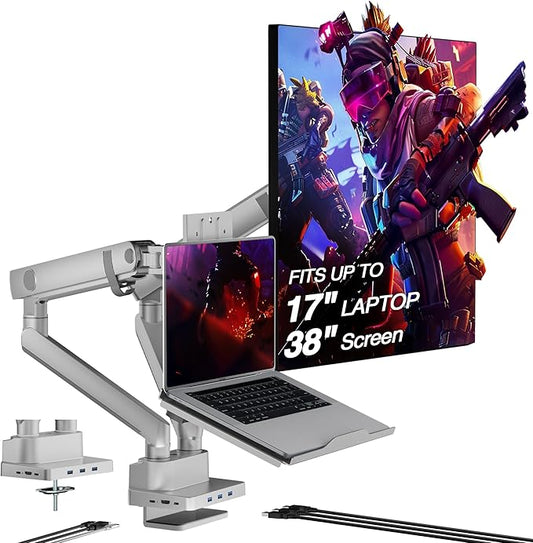 AVLT Dual 17”-38" Monitor Arm Desk Mount with 17" Laptop Tray and USB-C Docking Station, HDMI 4K60Hz, USB-A 5Gbps, Ethernet, 100W PD, Fits Two Flat/Curved Monitor - Gray