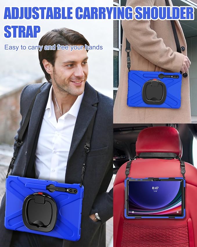 BRAECN Case for Galaxy Tab S10+/S9 FE+/S9+/S8+/S7 FE/S7+ 12.4 Inch SM-X820/X810/X800, Rugged Silicone Cover with Screen Protector, Kickstand, Shoulder Strap, S Pen Holder for Galaxy Tab S9 Plus, Blue