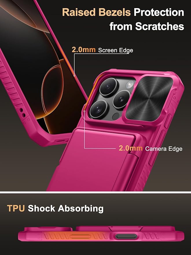 Vihibii for iPhone 16 Pro Case Wallet with Card Holder (4 Cards) [RFID Blocking] & Slide Camera Cover & Raised Edges Protect Screen, Shockproof Rugged Phone Cover for iPhone 16 Pro 5G 6.3" 2024, Pink